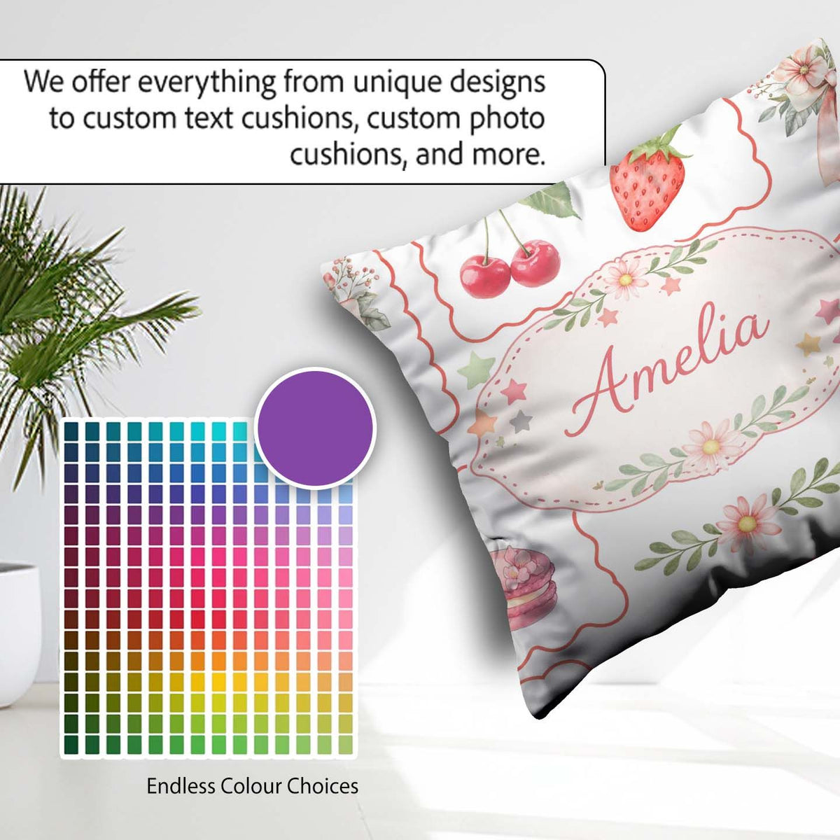 Custom Name Strawberry Bow Seamless Pattern Coral Frame Coquette Square Filled Cushion Throw Pillow Sofa Bed Home Decor Zip Washable UK Made