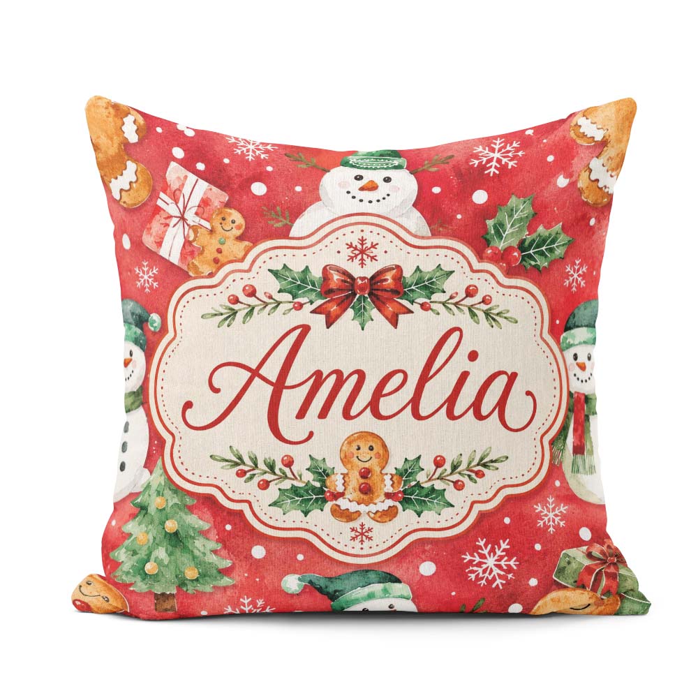 Custom Name Festive Gingerbread Cookies Gifts Holly Snowflakes Square Filled Cushion Throw Pillow Sofa Bed Home Decor Zip Washable UK Made