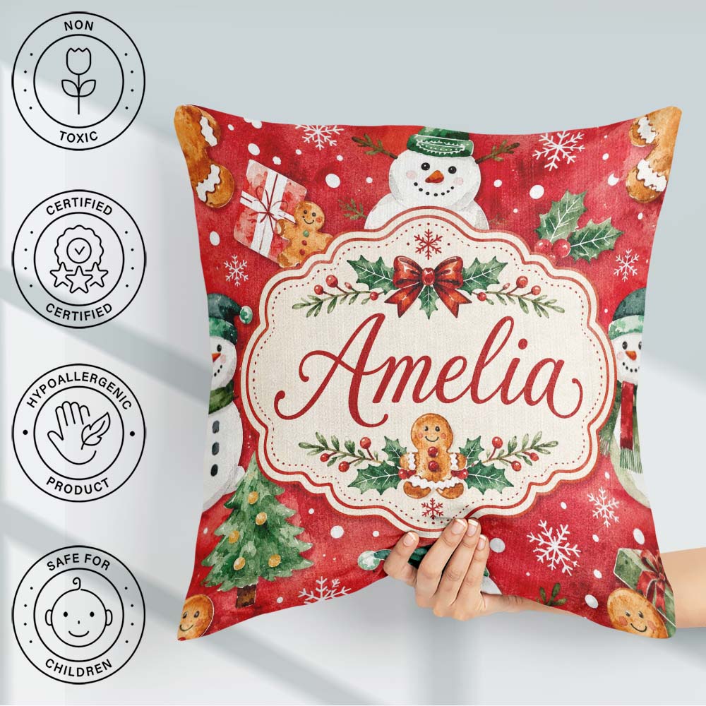 Custom Name Festive Gingerbread Cookies Gifts Holly Snowflakes Square Filled Cushion Throw Pillow Sofa Bed Home Decor Zip Washable UK Made