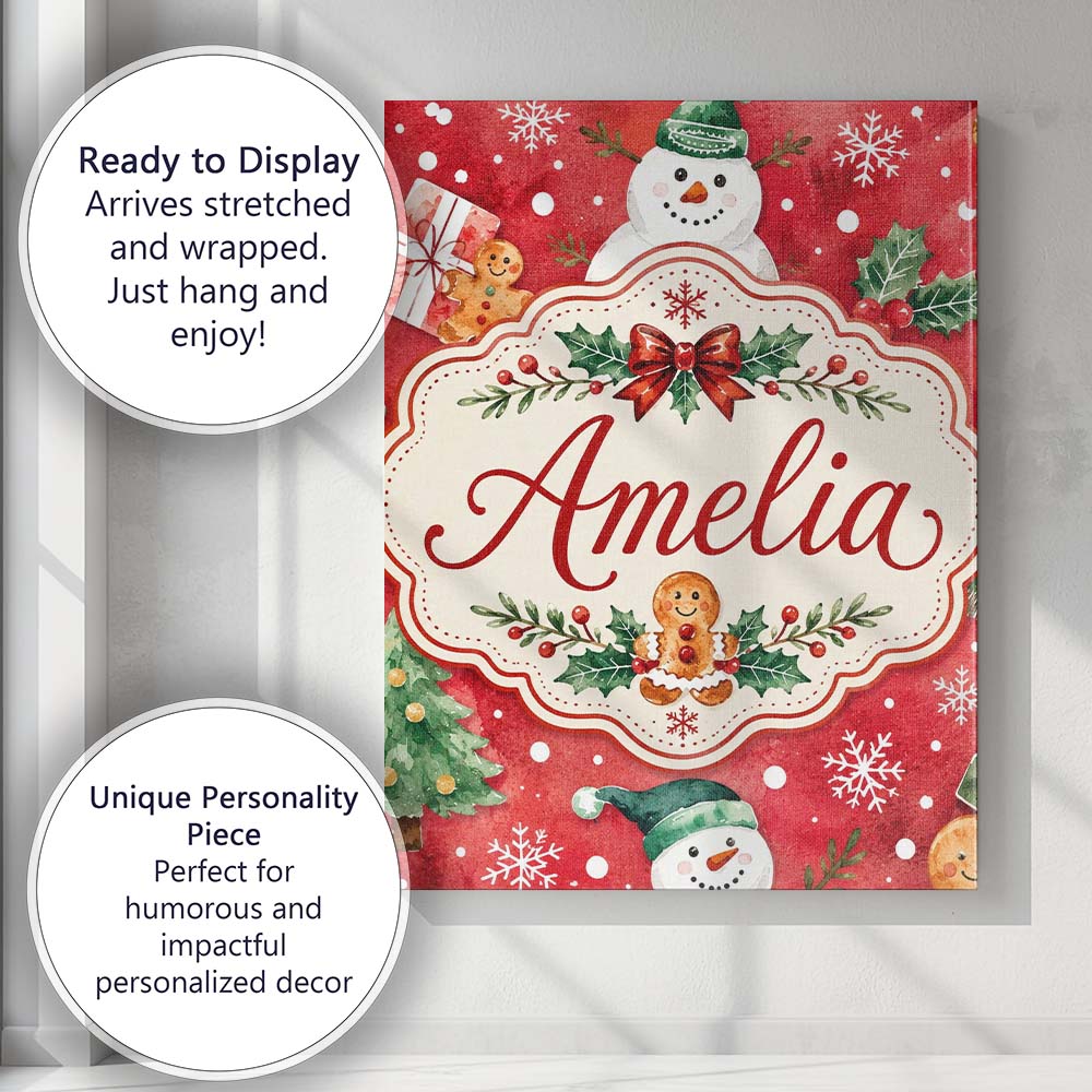 Personalised Name Festive Gingerbread Custom Modern Room Accent Creative Decorator Style Canvas Wall Art Print Decor Picture Ready to Hang