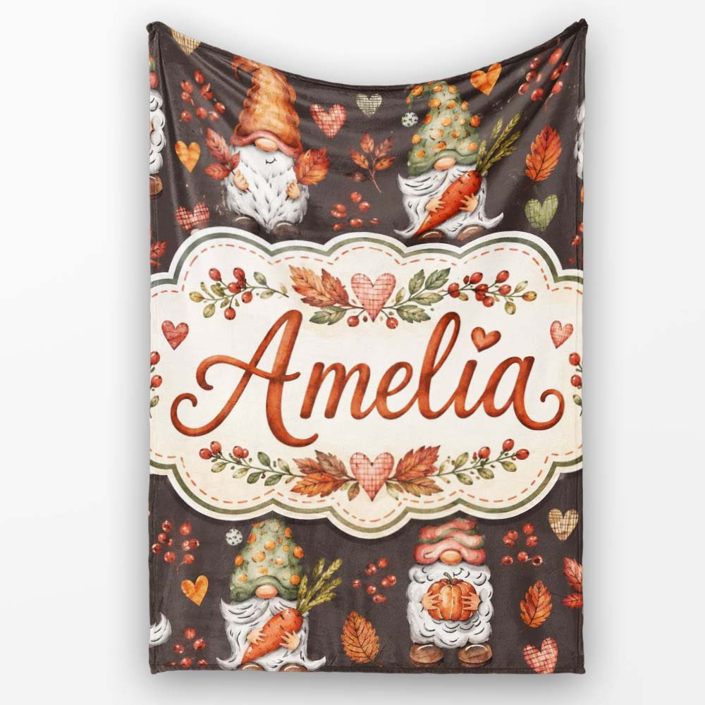 Autumn Gnomes Leaves Hearts Cozy Fall Watercolor Seamless Pattern Personalised Custom Name Super Soft Fleece Blanket Bed Sofa Throw