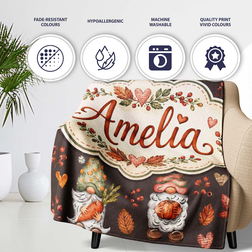 Autumn Gnomes Leaves Hearts Cozy Fall Watercolor Seamless Pattern Personalised Custom Name Super Soft Fleece Blanket Bed Sofa Throw