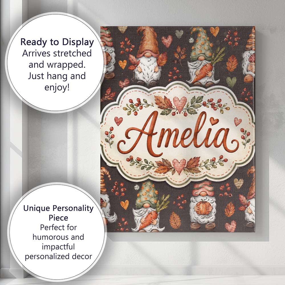 Personalised Name Autumn Gnomes Leaves Custom Modern Room Accent Elegant Feature Canvas Wall Art Print Decor Picture Ready to Hang