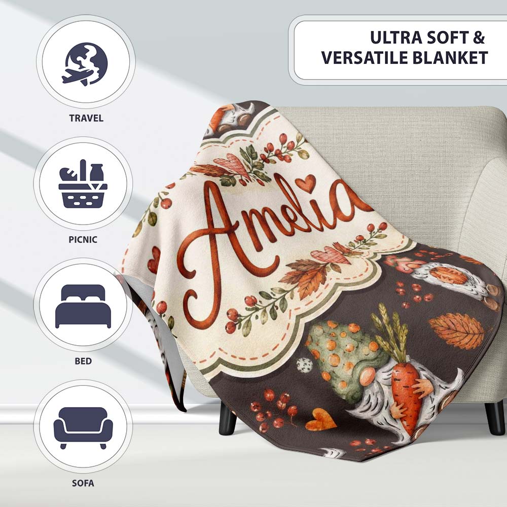 Autumn Gnomes Leaves Hearts Cozy Fall Watercolor Seamless Pattern Personalised Custom Name Super Soft Fleece Blanket Bed Sofa Throw