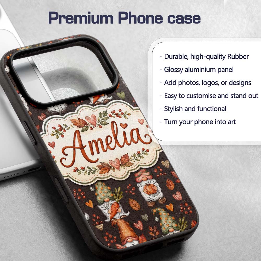Autumn Gnomes Leaves Hearts Cozy Fall Watercolor Custom Name Protective Phone Case Mobile Cover Durable Everyday Smartphone Shock Resistant