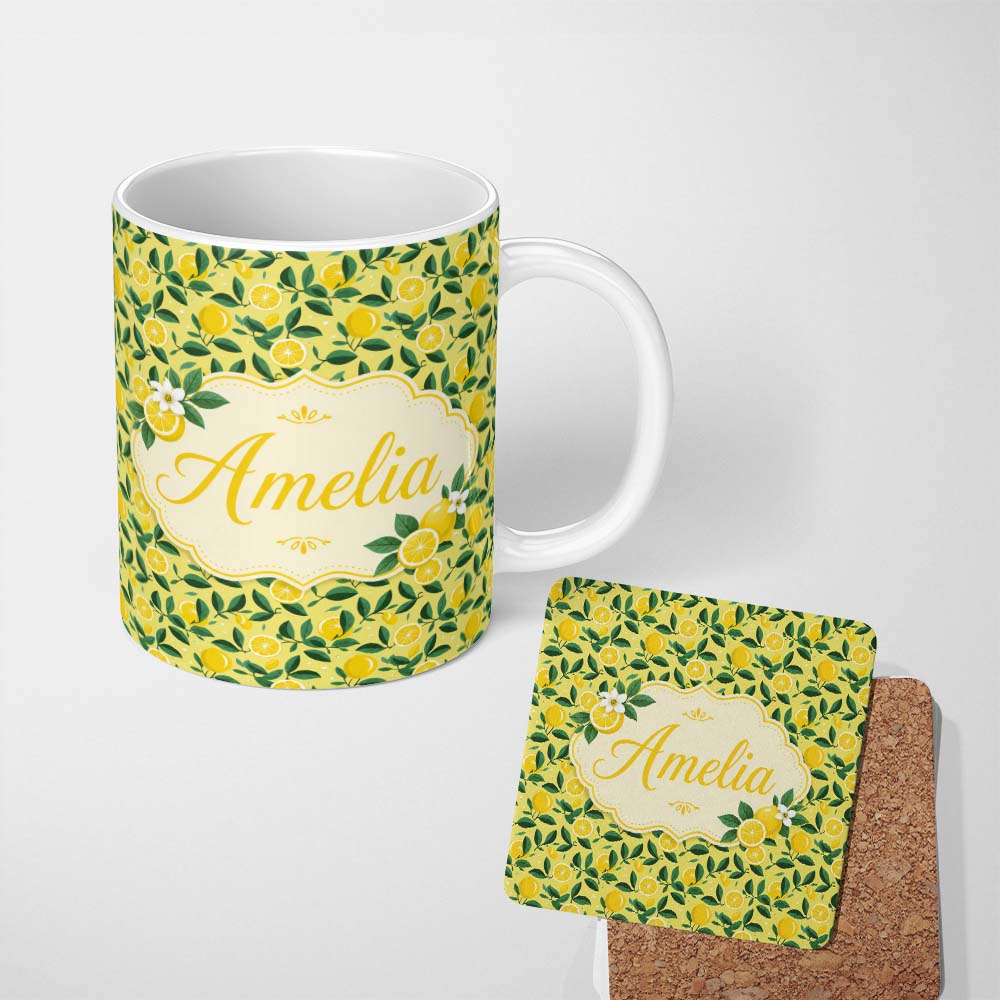 Personalized Custom Name Modern Flat Style Lemon Slices and Leaves on Yellow Background 11oz Ceramic Coffee Tea Mug White Large Handle