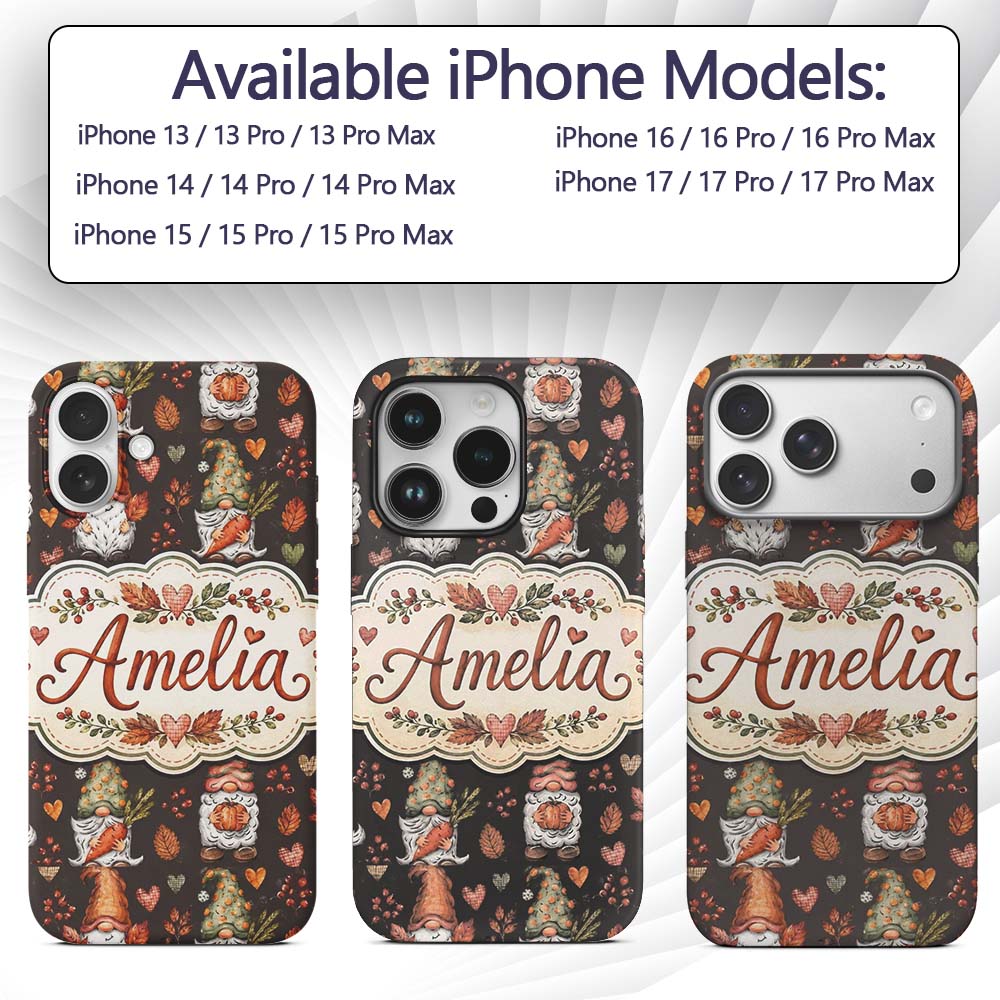Autumn Gnomes Leaves Hearts Cozy Fall Watercolor Custom Name Protective Phone Case Mobile Cover Durable Everyday Smartphone Shock Resistant