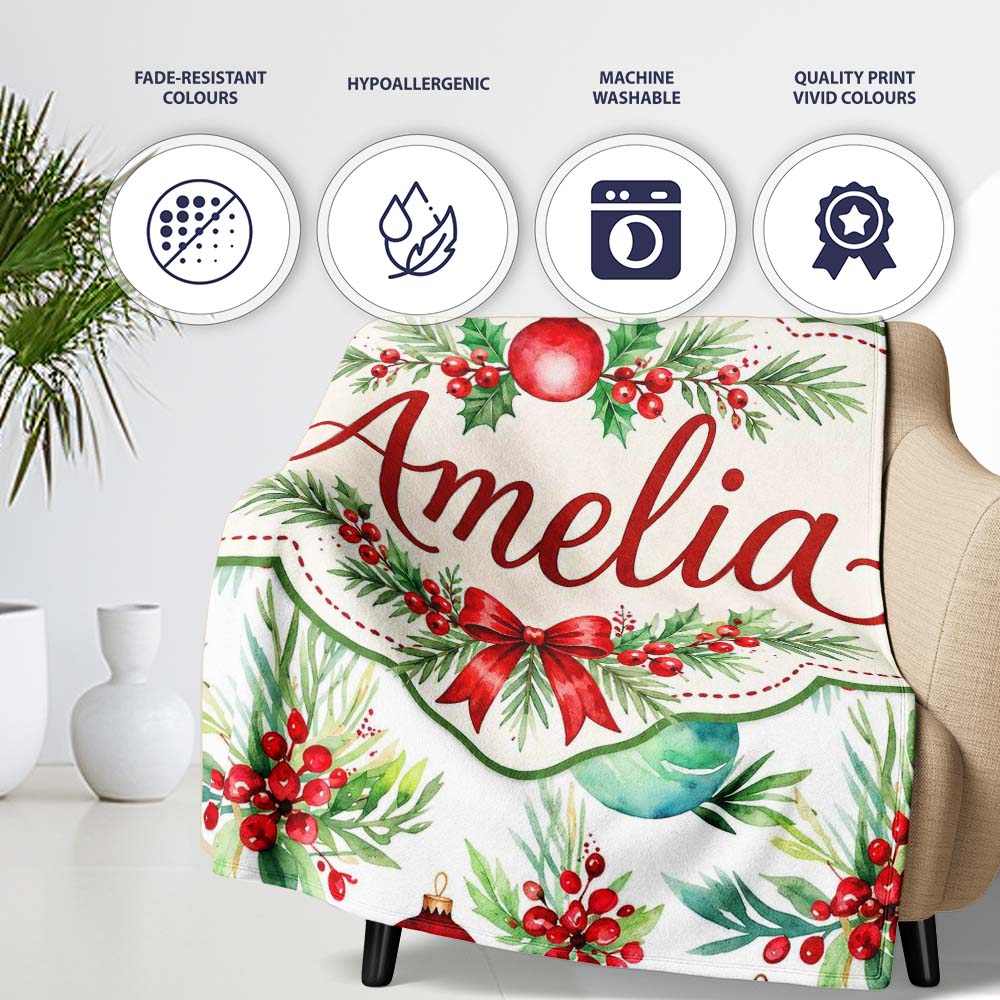 Watercolor Christmas Baubles Holly Leaves Festive Seamless Pattern Personalised Custom Name Super Soft Fleece Blanket Bed Sofa Throw