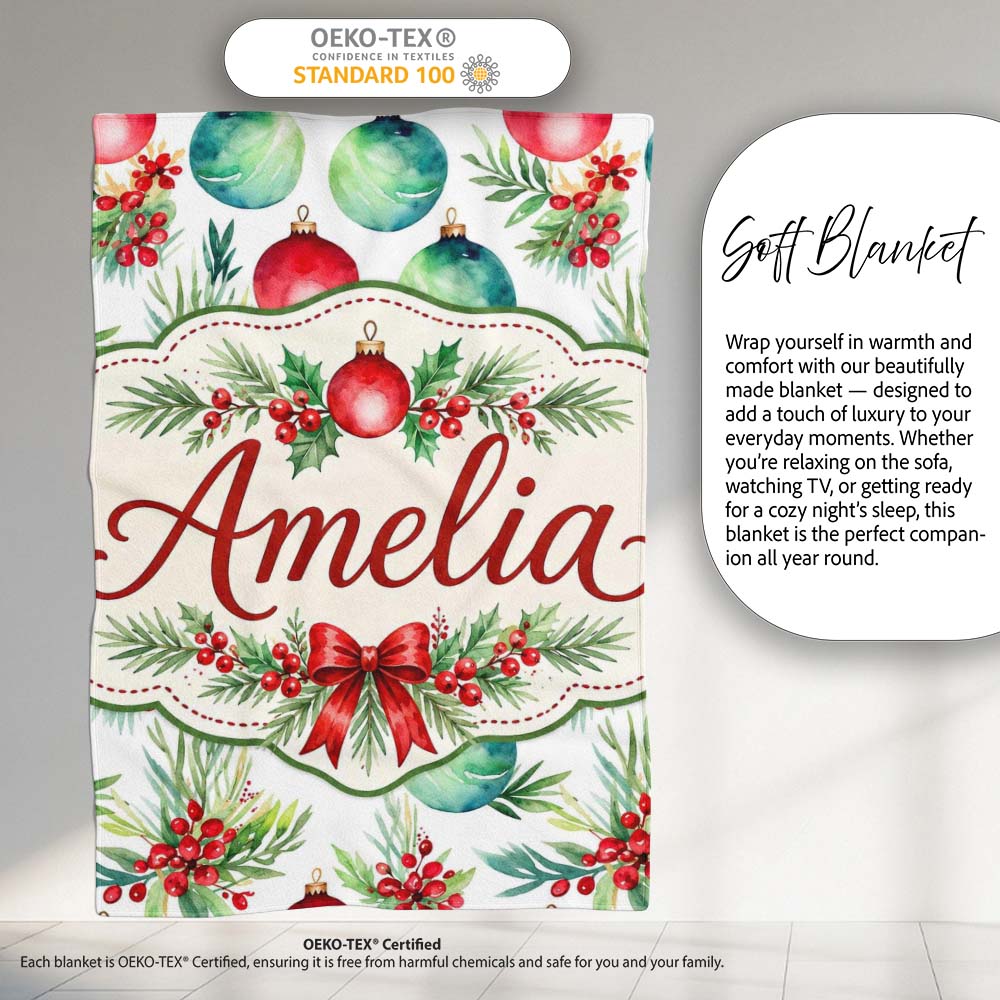 Watercolor Christmas Baubles Holly Leaves Festive Seamless Pattern Personalised Custom Name Super Soft Fleece Blanket Bed Sofa Throw