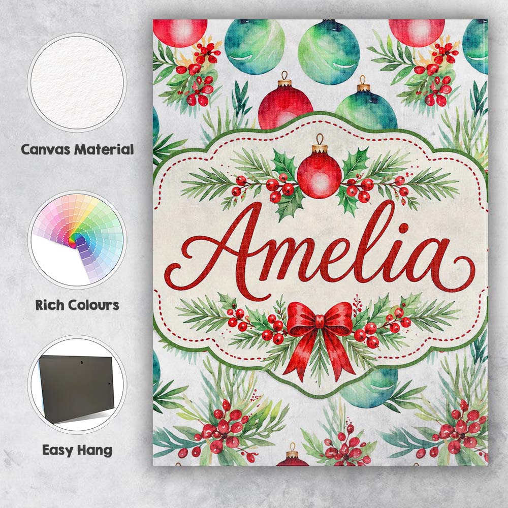Personalised Name Watercolor Christmas Custom Modern Room Accent Elegant Feature Canvas Wall Art Print Decor Picture Ready to Hang