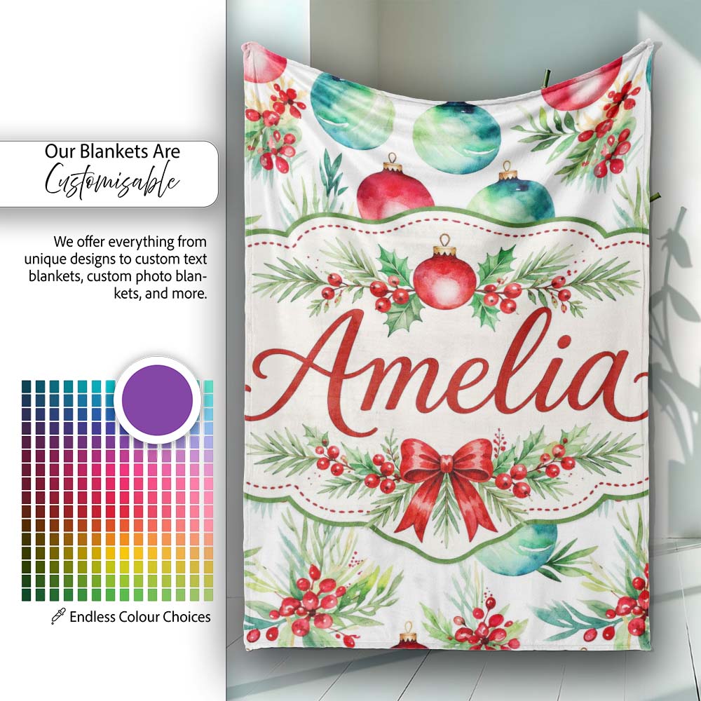 Watercolor Christmas Baubles Holly Leaves Festive Seamless Pattern Personalised Custom Name Super Soft Fleece Blanket Bed Sofa Throw