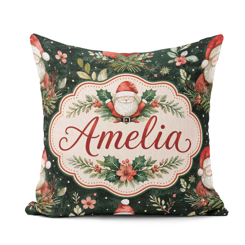 Custom Name Christmas Santa Botanical Dark Green Festive Pattern Square Filled Cushion Throw Pillow Sofa Bed Home Decor Zip Washable UK Made
