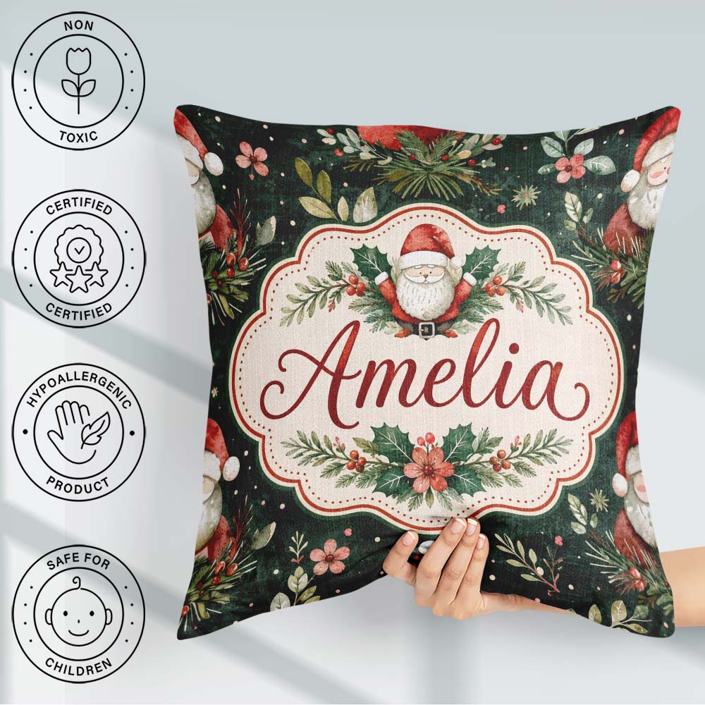 Custom Name Christmas Santa Botanical Dark Green Festive Pattern Square Filled Cushion Throw Pillow Sofa Bed Home Decor Zip Washable UK Made