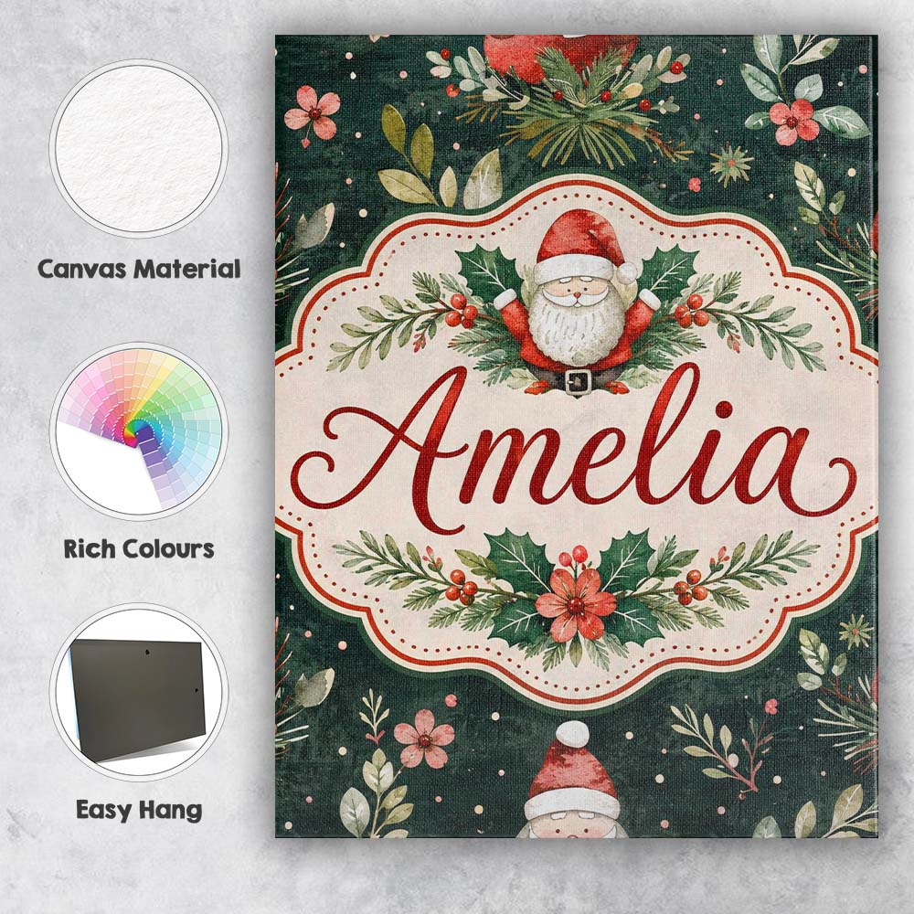 Personalised Name Christmas Santa Botanical Custom Bespoke Interior Contemporary Canvas Wall Art Print Decor Picture Ready to Hang