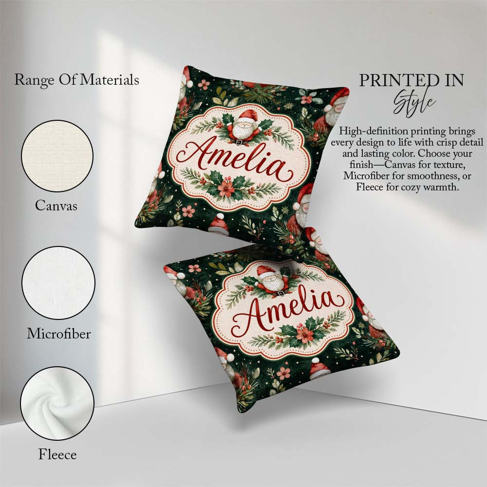 Custom Name Christmas Santa Botanical Dark Green Festive Pattern Square Filled Cushion Throw Pillow Sofa Bed Home Decor Zip Washable UK Made