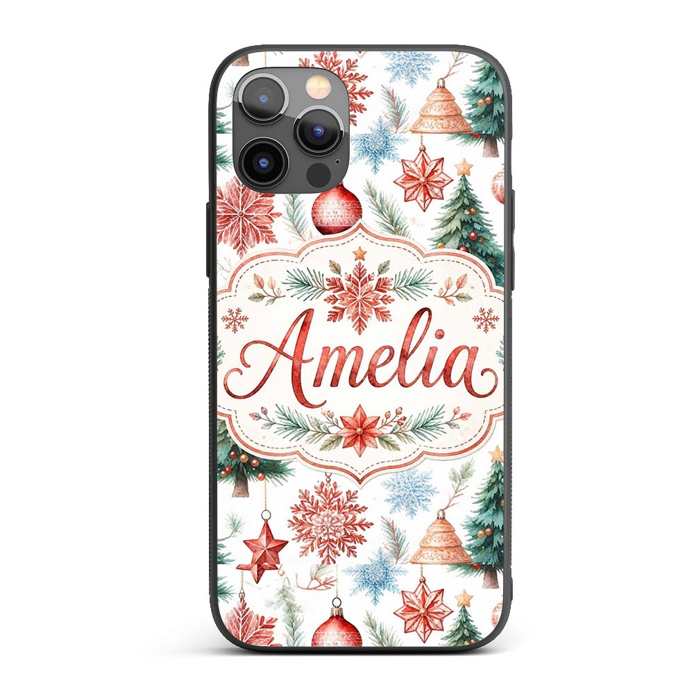Watercolor Christmas Baubles Snowflakes Reindeer Custom Name Protective Phone Case Mobile Cover Durable Everyday Smartphone Shock Resistant