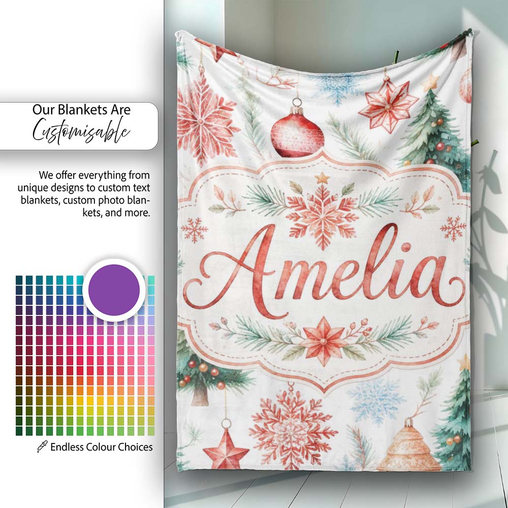 Watercolor Christmas Baubles Snowflakes Reindeer Tree Festive Lovely Personalised Custom Name Super Soft Fleece Blanket Bed Sofa Throw