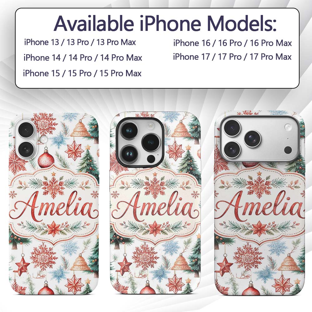Watercolor Christmas Baubles Snowflakes Reindeer Custom Name Protective Phone Case Mobile Cover Durable Everyday Smartphone Shock Resistant