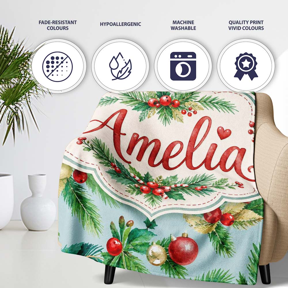 Watercolor Christmas Wreath Pine Branches Red Berries Festive Lovely Personalised Custom Name Super Soft Fleece Blanket Bed Sofa Throw