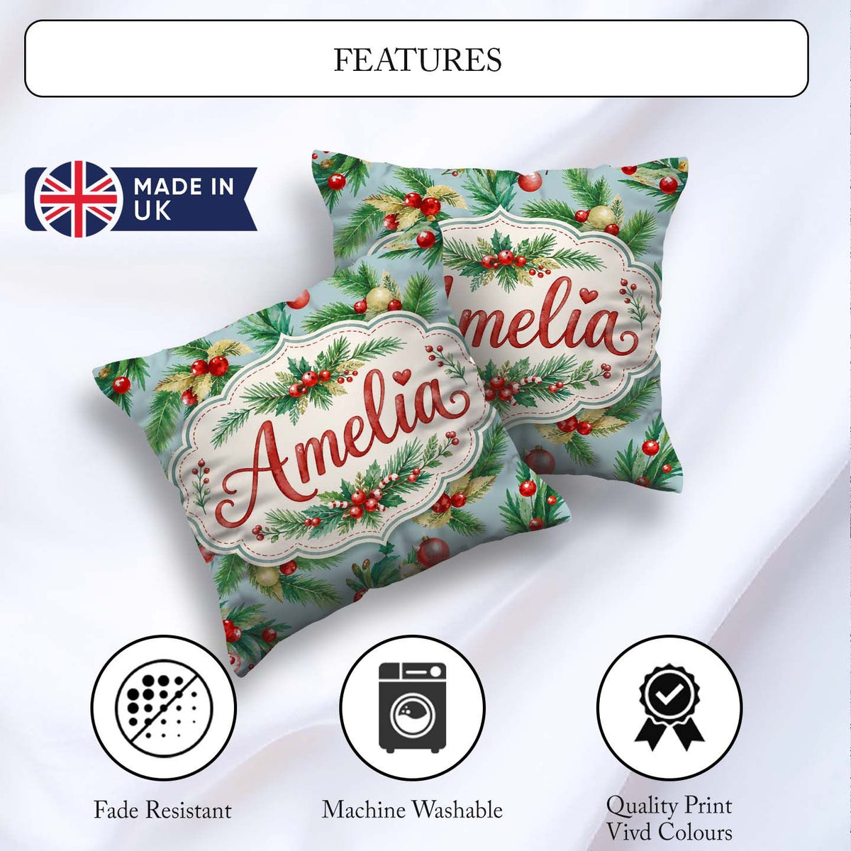 Custom Name Watercolor Christmas Wreath Pine Red Berries Festive Square Filled Cushion Throw Pillow Sofa Bed Home Decor Zip Washable UK Made