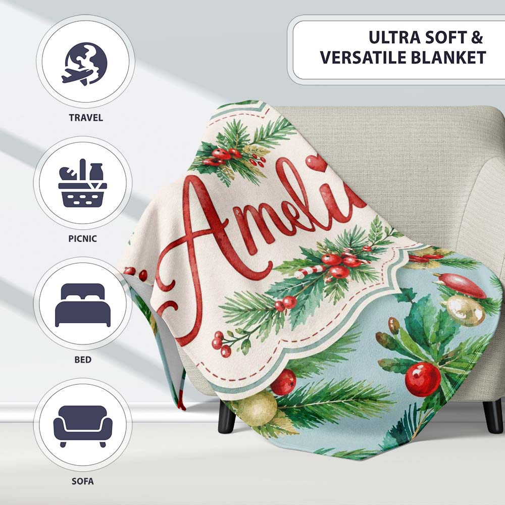 Watercolor Christmas Wreath Pine Branches Red Berries Festive Lovely Personalised Custom Name Super Soft Fleece Blanket Bed Sofa Throw