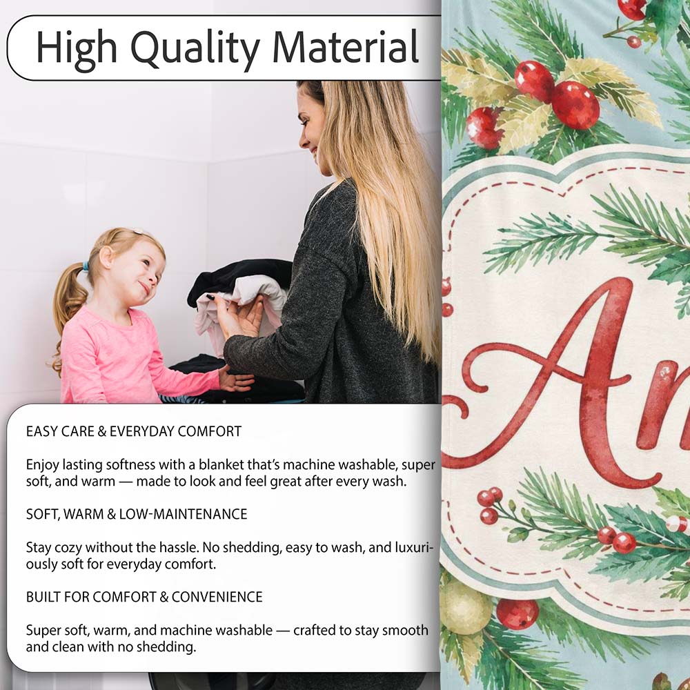 Watercolor Christmas Wreath Pine Branches Red Berries Festive Lovely Personalised Custom Name Super Soft Fleece Blanket Bed Sofa Throw