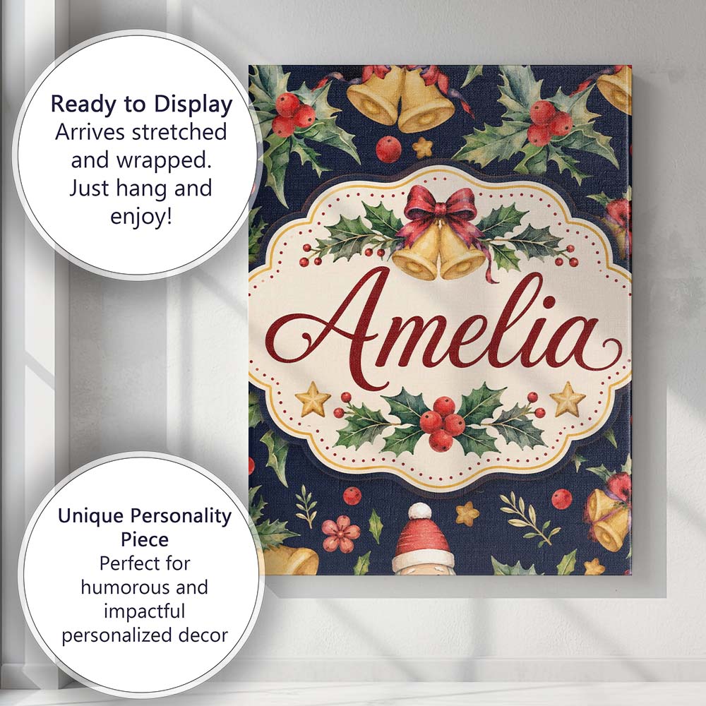 Personalised Name Christmas Bells Holly Custom Modern Room Accent Elegant Feature Canvas Wall Art Print Decor Picture Ready to Hang