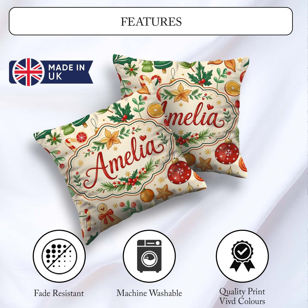 Custom Name Christmas Ornaments Candy Cane Citrus Leaves Festive Square Filled Cushion Throw Pillow Sofa Bed Home Decor Zip Washable UK Made