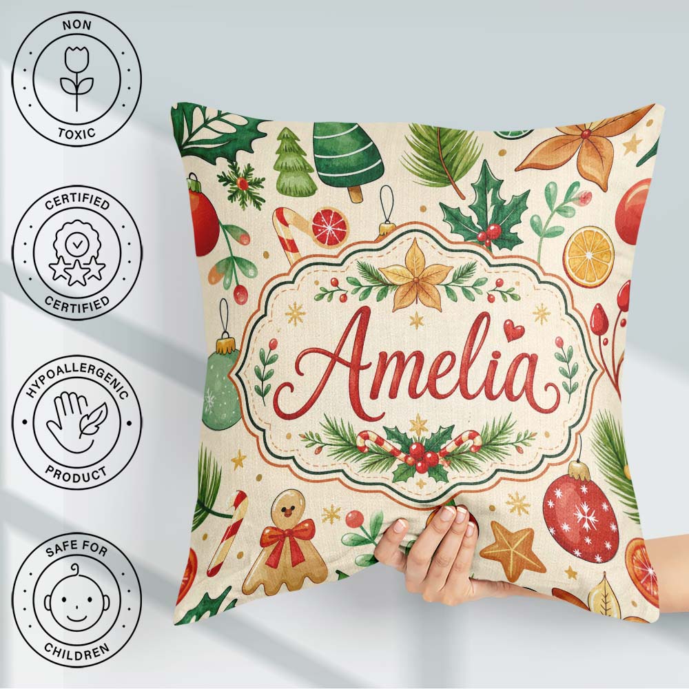 Custom Name Christmas Ornaments Candy Cane Citrus Leaves Festive Square Filled Cushion Throw Pillow Sofa Bed Home Decor Zip Washable UK Made