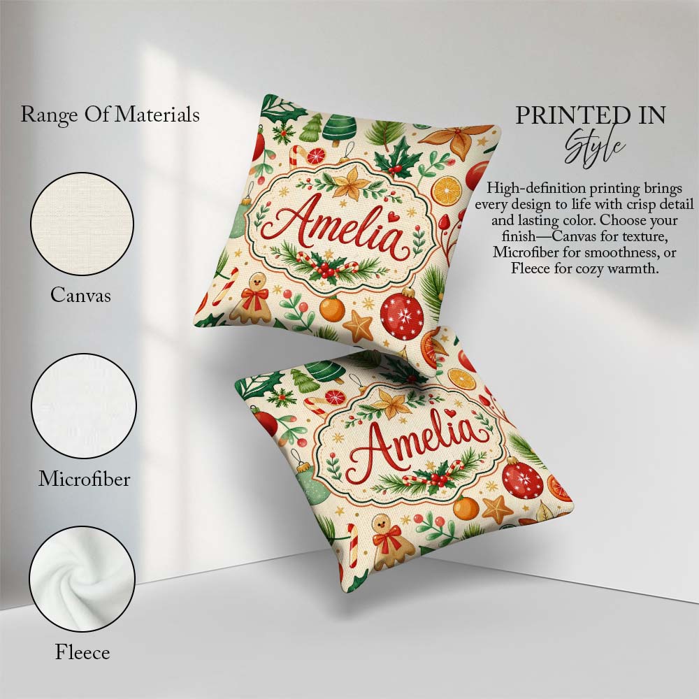 Custom Name Christmas Ornaments Candy Cane Citrus Leaves Festive Square Filled Cushion Throw Pillow Sofa Bed Home Decor Zip Washable UK Made