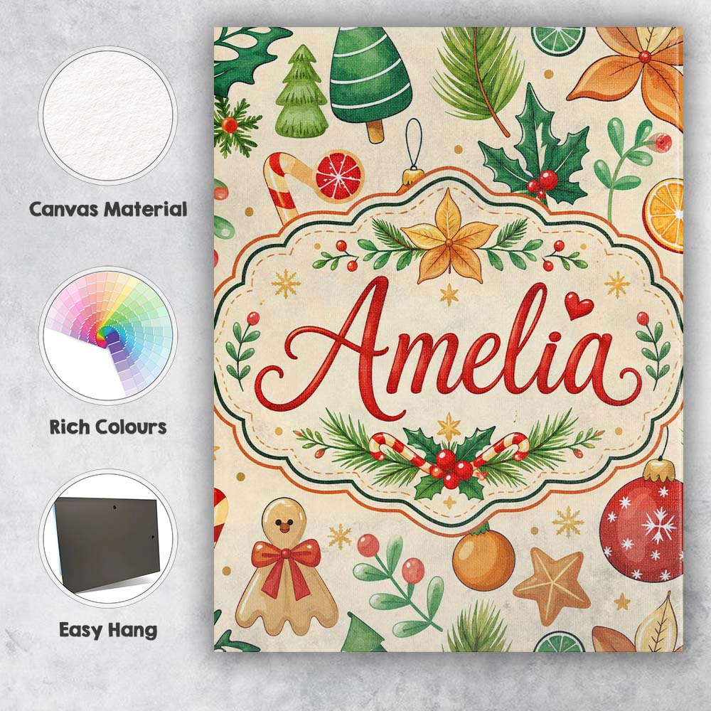 Personalised Name Cute Christmas Ornaments Custom Unique Gift Idea Elegant Feature Canvas Wall Art Print Decor Picture Ready to Hang