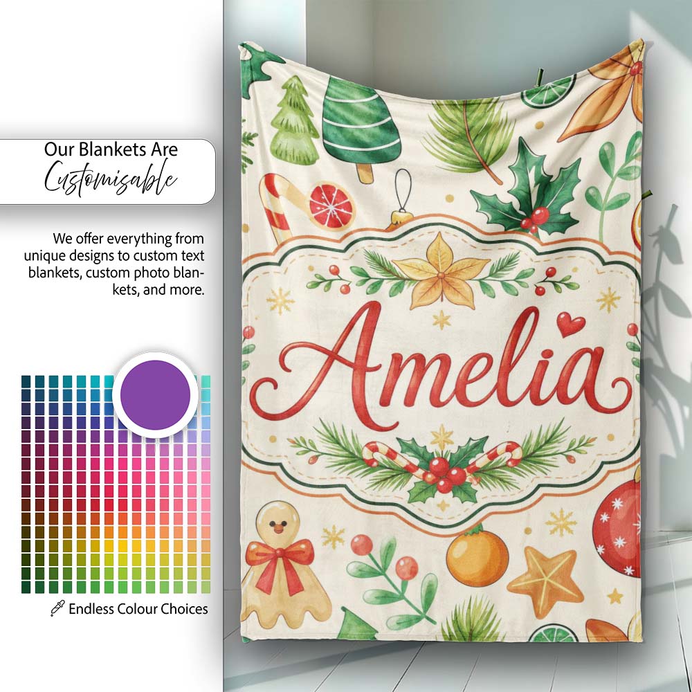 Cute Christmas Ornaments Candy Cane Citrus Leaves Festive Seamless Personalised Custom Name Super Soft Fleece Blanket Bed Sofa Throw