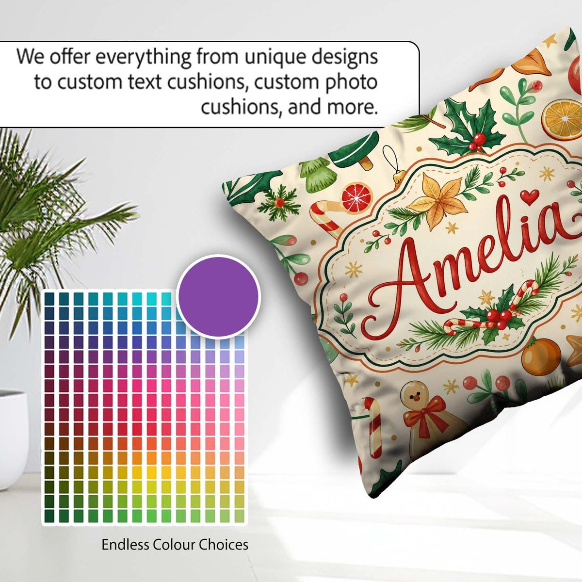 Custom Name Christmas Ornaments Candy Cane Citrus Leaves Festive Square Filled Cushion Throw Pillow Sofa Bed Home Decor Zip Washable UK Made