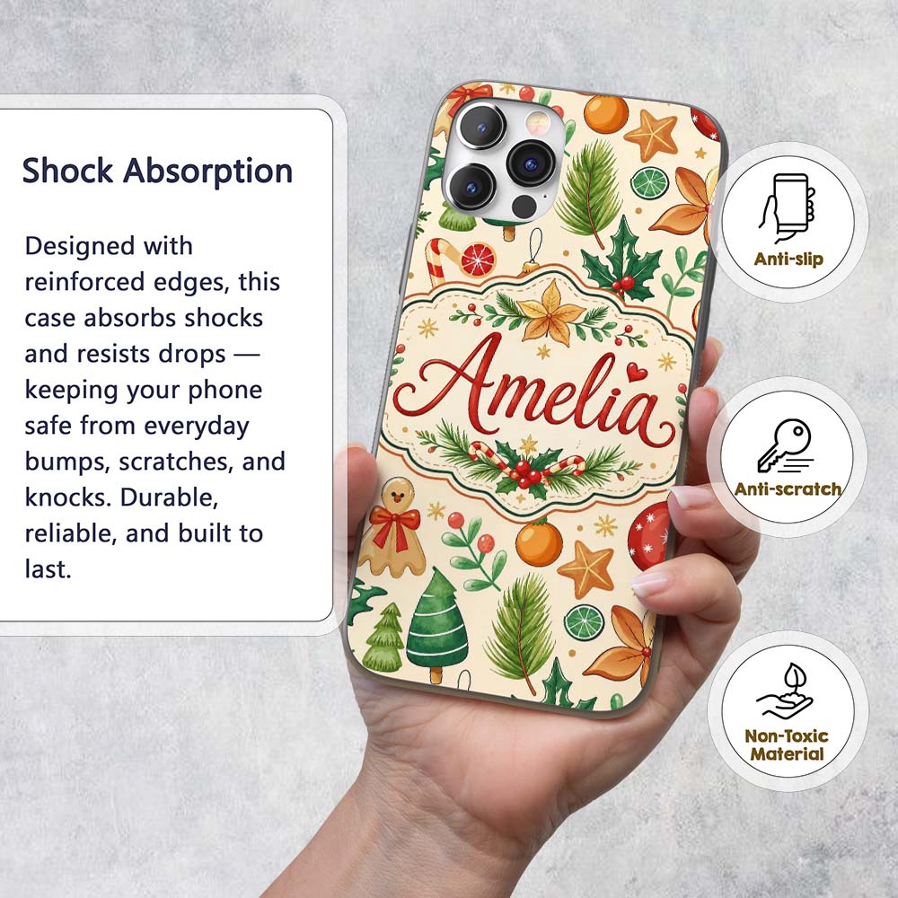 Cute Christmas Ornaments Candy Cane Citrus Leaves Custom Name Protective Phone Case Mobile Cover Durable Everyday Smartphone Shock Resistant