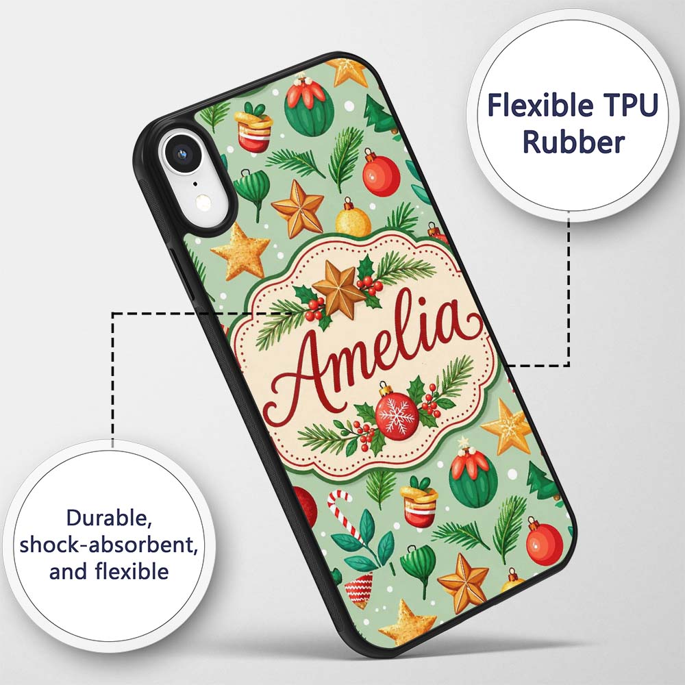 Colorful Christmas Baubles Stars Pine Branches Custom Name Protective Phone Case Mobile Cover Durable Everyday Smartphone Shock Resistant