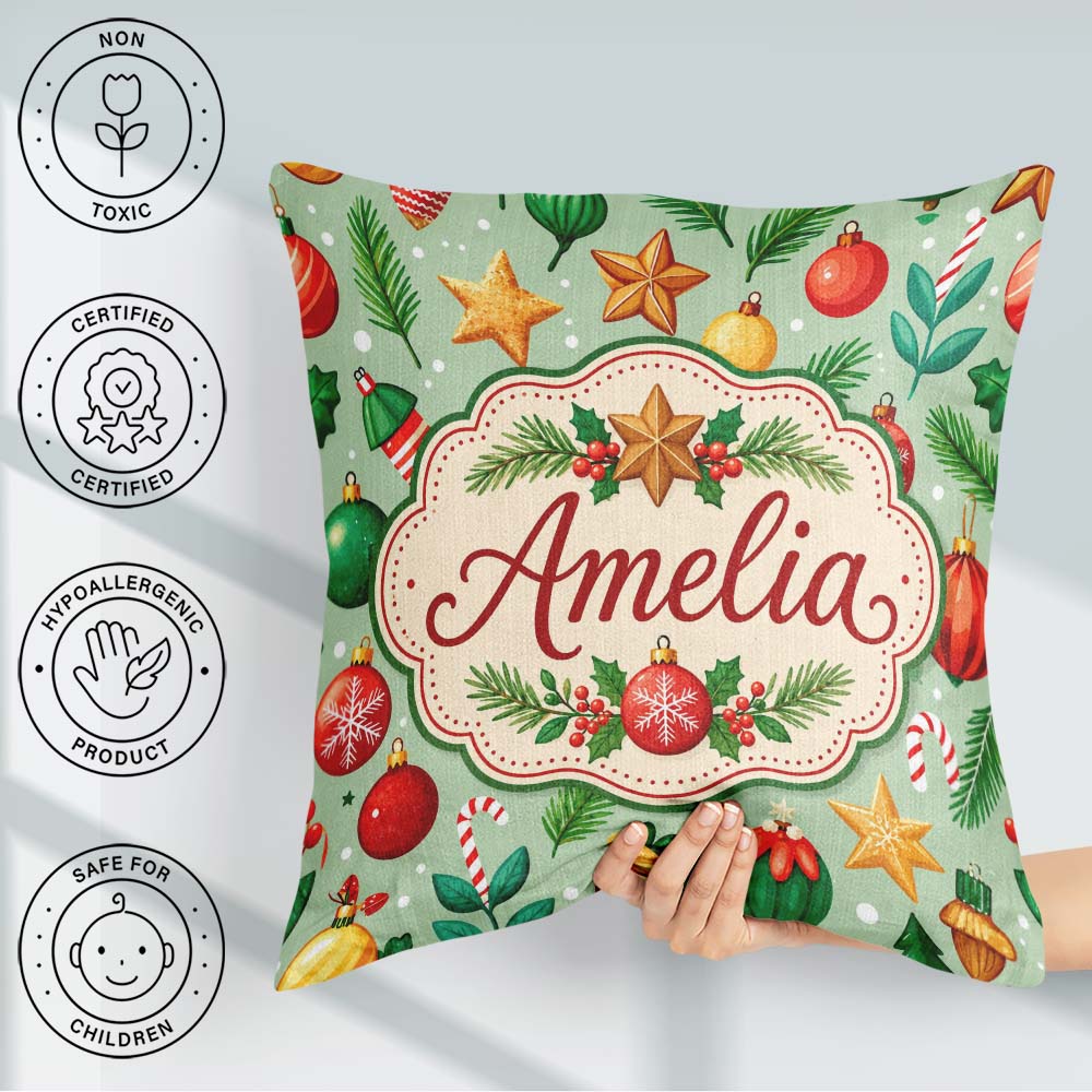 Custom Name Colorful Christmas Baubles Branches Festive Seamless Square Filled Cushion Throw Pillow Sofa Bed Home Decor Zip Washable UK Made