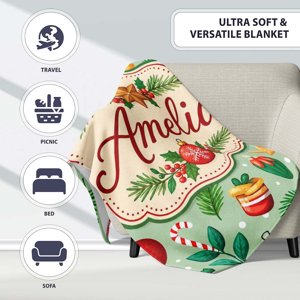 Colorful Christmas Baubles Stars Pine Branches Festive Seamless Personalised Custom Name Super Soft Fleece Blanket Bed Sofa Throw