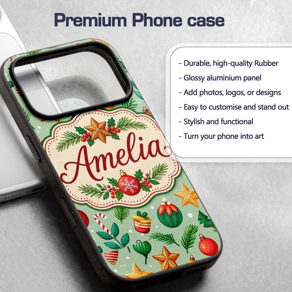 Colorful Christmas Baubles Stars Pine Branches Custom Name Protective Phone Case Mobile Cover Durable Everyday Smartphone Shock Resistant