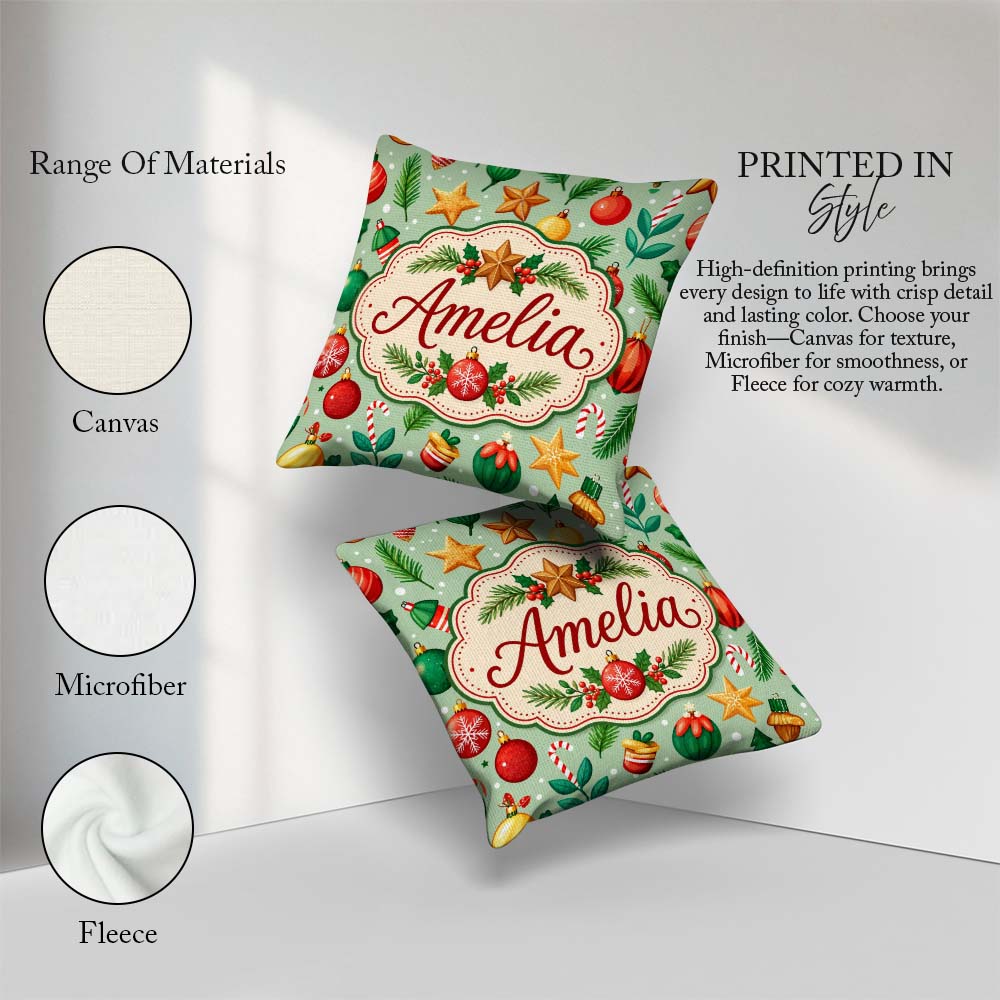 Custom Name Colorful Christmas Baubles Branches Festive Seamless Square Filled Cushion Throw Pillow Sofa Bed Home Decor Zip Washable UK Made