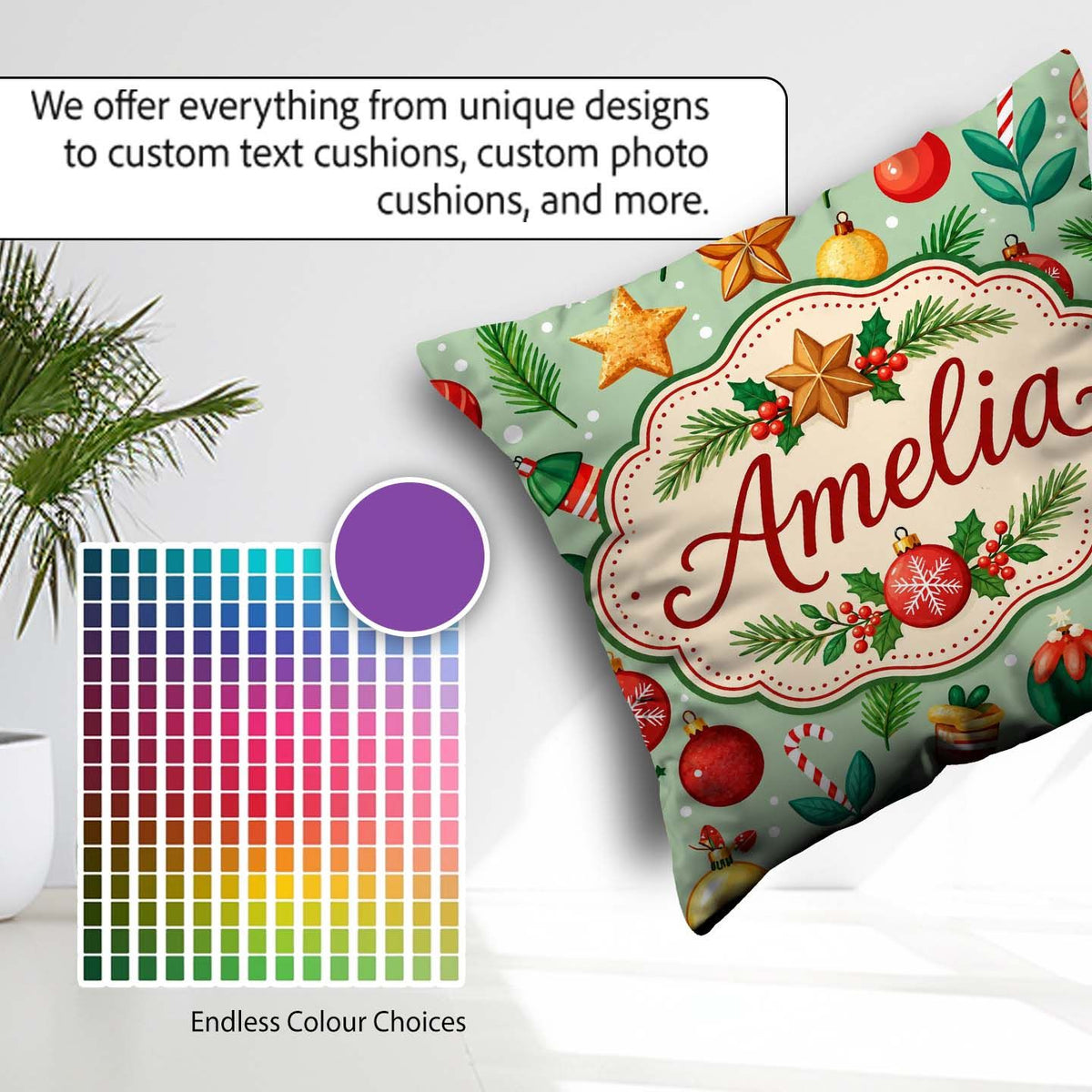 Custom Name Colorful Christmas Baubles Branches Festive Seamless Square Filled Cushion Throw Pillow Sofa Bed Home Decor Zip Washable UK Made
