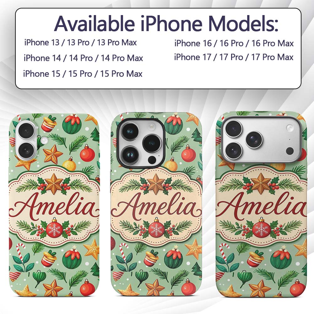 Colorful Christmas Baubles Stars Pine Branches Custom Name Protective Phone Case Mobile Cover Durable Everyday Smartphone Shock Resistant