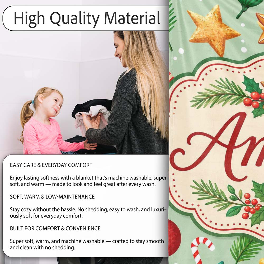 Colorful Christmas Baubles Stars Pine Branches Festive Seamless Personalised Custom Name Super Soft Fleece Blanket Bed Sofa Throw