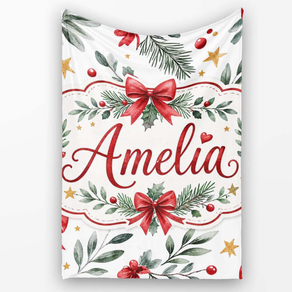 Elegant Christmas Bows Holly Leaves Stars Festive Seamless Pattern Personalised Custom Name Super Soft Fleece Blanket Bed Sofa Throw