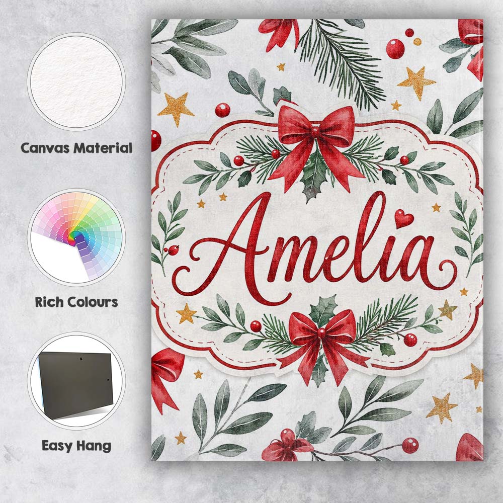 Personalised Name Elegant Christmas Bows Custom Interior Decorative Contemporary Canvas Wall Art Print Decor Picture Ready to Hang