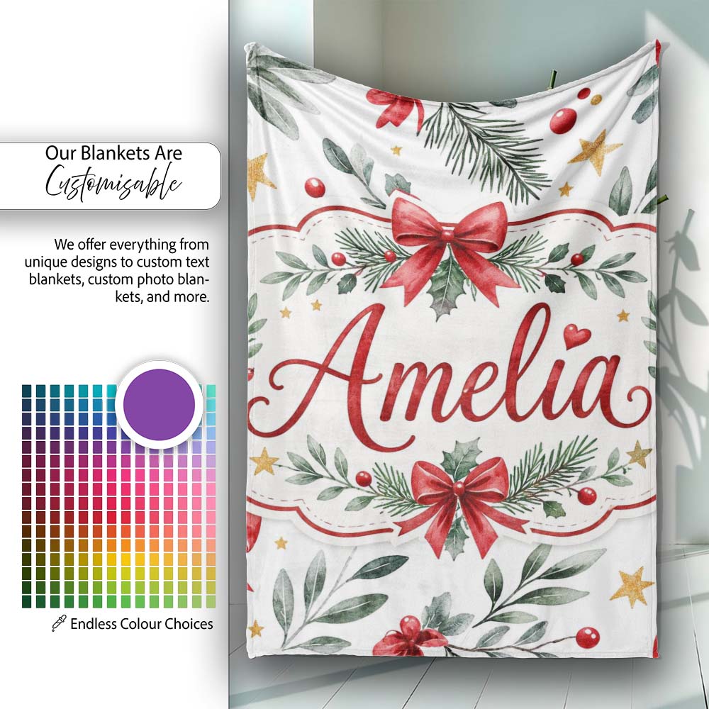 Elegant Christmas Bows Holly Leaves Stars Festive Seamless Pattern Personalised Custom Name Super Soft Fleece Blanket Bed Sofa Throw