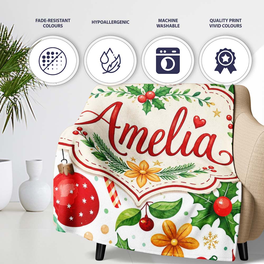 Cute Christmas Tree Snowman Candy Cane Baubles Seamless Pattern Personalised Custom Name Super Soft Fleece Blanket Bed Sofa Throw
