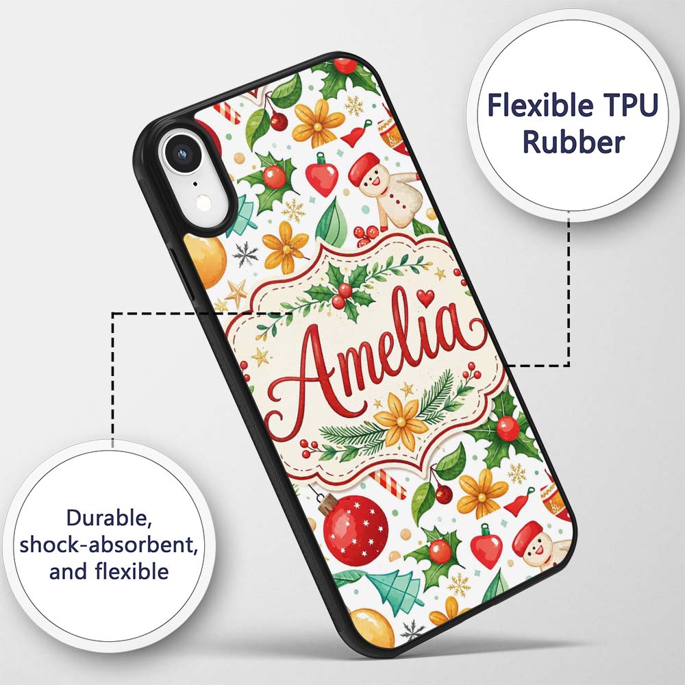 Cute Christmas Tree Snowman Candy Cane Baubles Custom Name Protective Phone Case Mobile Cover Durable Everyday Smartphone Shock Resistant