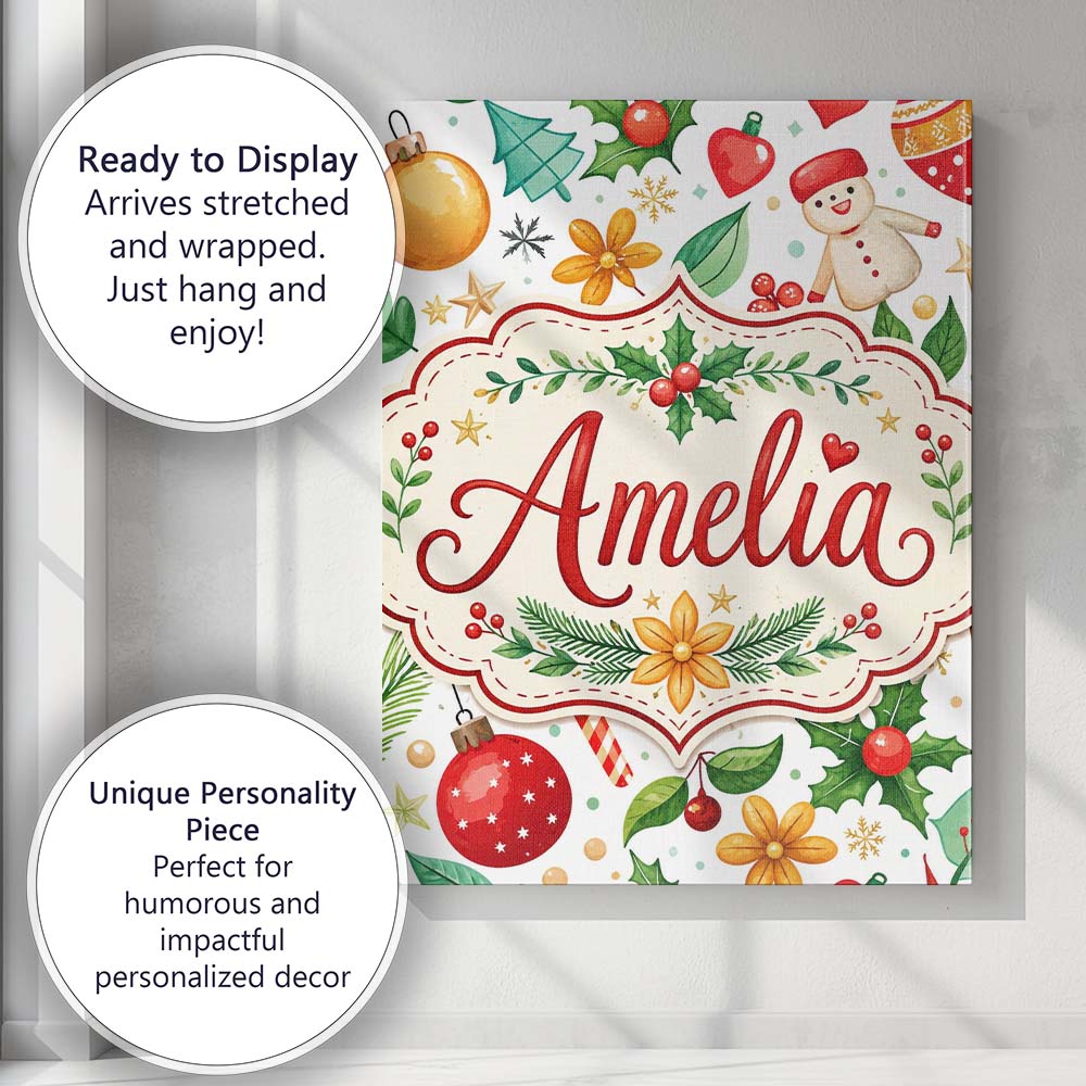 Personalised Name Cute Christmas Tree Custom Modern Room Accent Creative Decorator Style Canvas Wall Art Print Decor Picture Ready to Hang