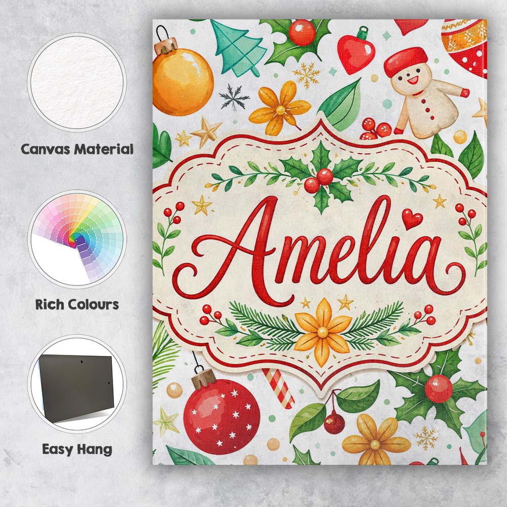 Personalised Name Cute Christmas Tree Custom Modern Room Accent Creative Decorator Style Canvas Wall Art Print Decor Picture Ready to Hang