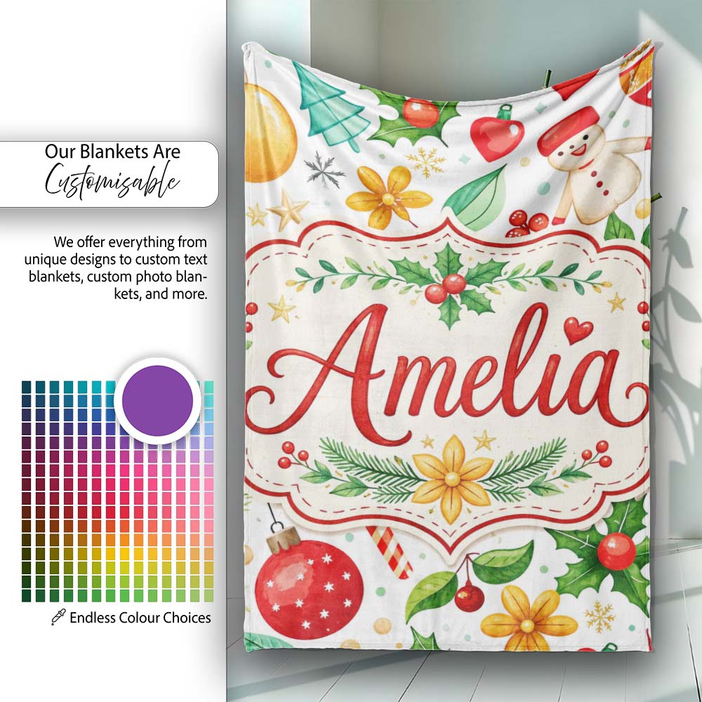Cute Christmas Tree Snowman Candy Cane Baubles Seamless Pattern Personalised Custom Name Super Soft Fleece Blanket Bed Sofa Throw